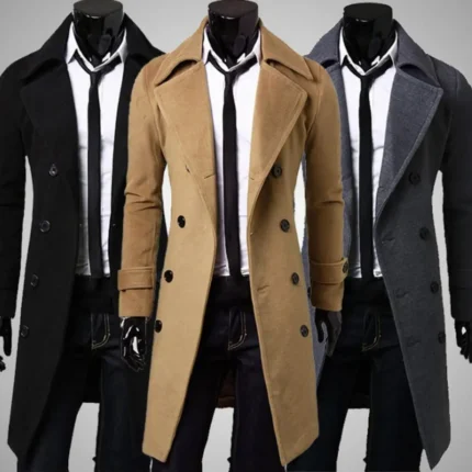 Simple Trench Coat Double-breasted Male Men Coat Coldproof Pure Color Jacket